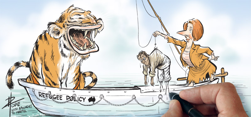 A cartoon on Australia's refugee policy debate in the process of being drawn