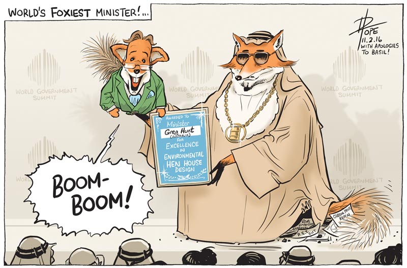 Cartoon of Greg Hunt receiving an award for World's Best Minister
