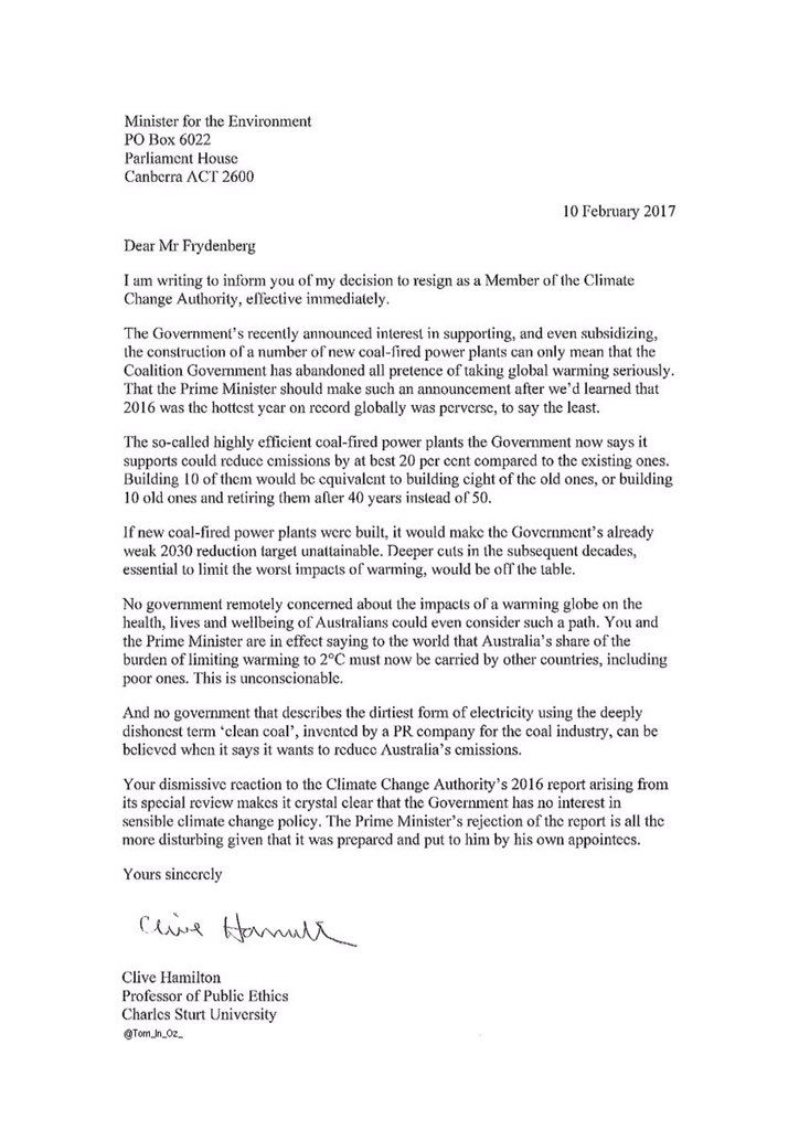 Letter: Clive Hamilton resigns from the Climate Change Authority