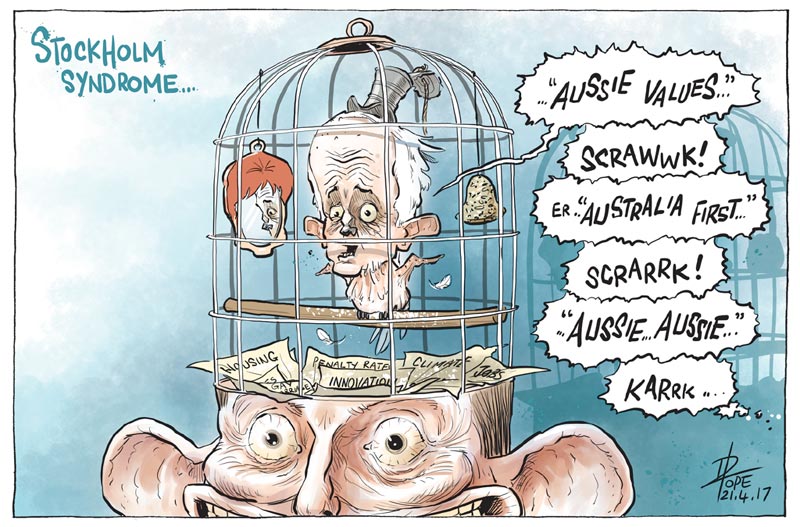 Cartoon: Malcolm Turnbull squawking about "Australian values"