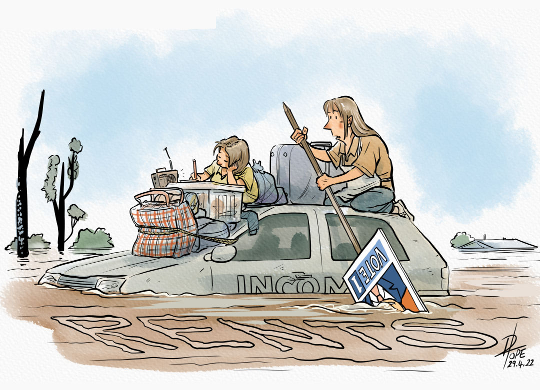 Cartoon of a woman and child paddling their car through a rising tide of living costs