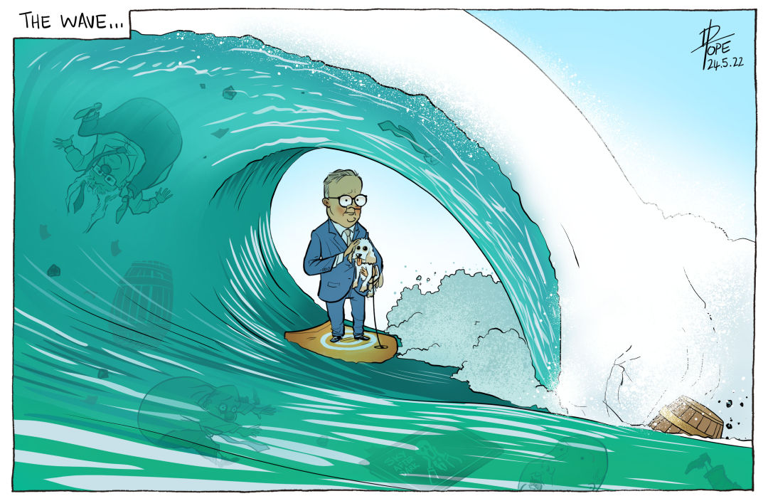 Cartoon of a green and teal wave carrying Labor's Anthony Albanese to the Prime Ministership at the 2022 Australian federal election