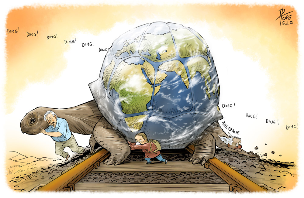 Climate change cartoon depicting the planet Earth as a tortoise stuck on the fossil fuel railroad tracks.
