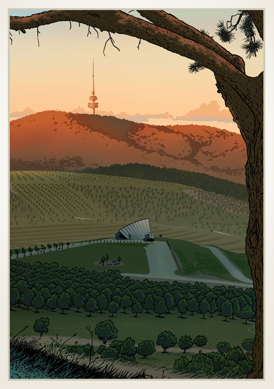 Illustration of Black Mountain at sunset, viewed from Dairy Farmers Hill in the National Arboretum