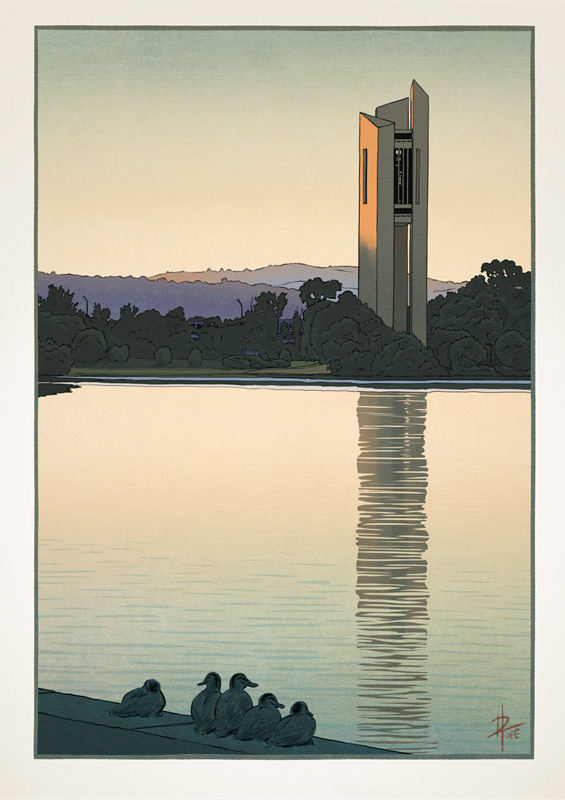 Illustration of the National Carillon on Lake Burley Griffin in Canberra, viewed at dawn