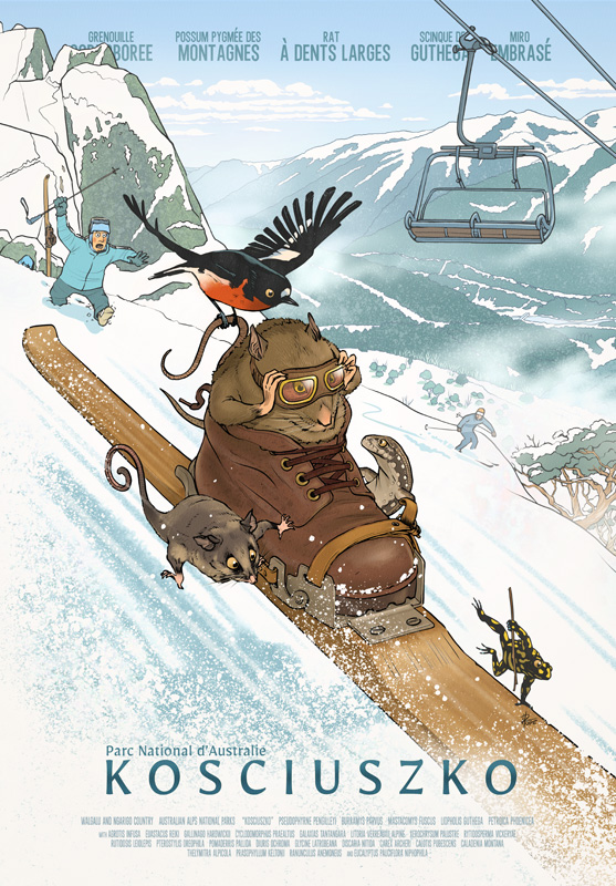Cartoon poster of threatened species commandeering a ski in the Kosciuszko National Par. French version.