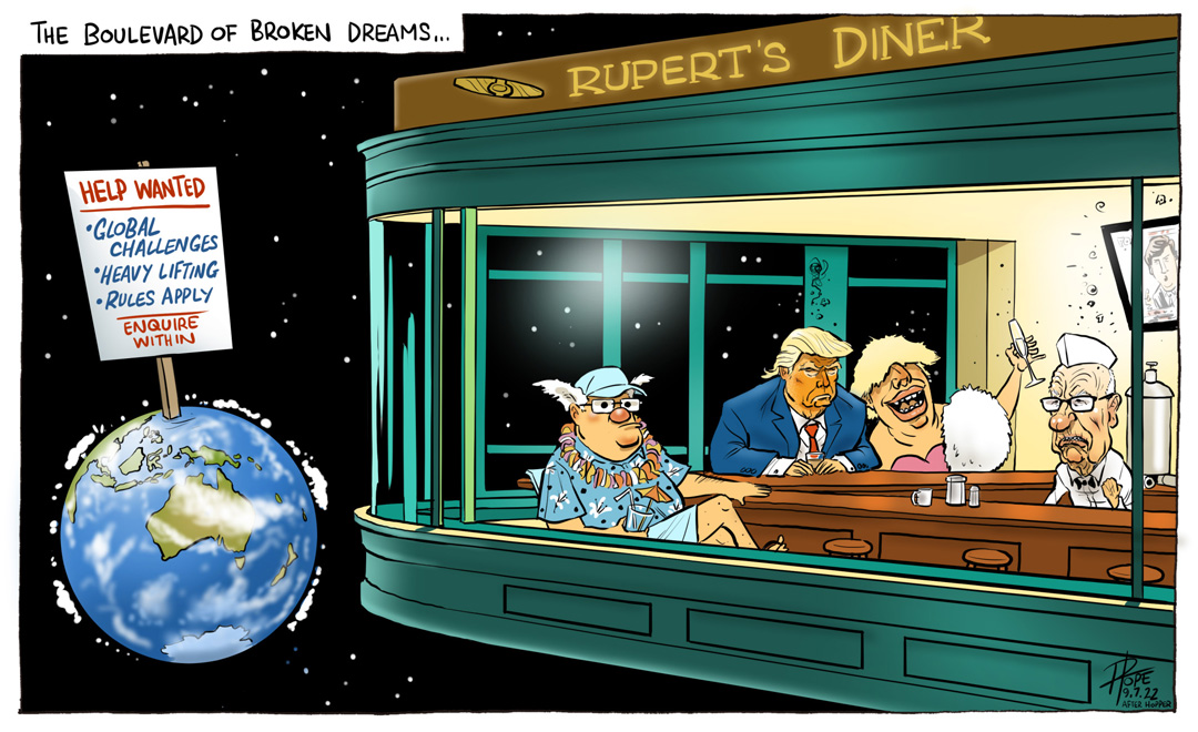 Editorial cartoon of departing right-wing leaders of the Anglosphere, meeting in Murdoch's diner