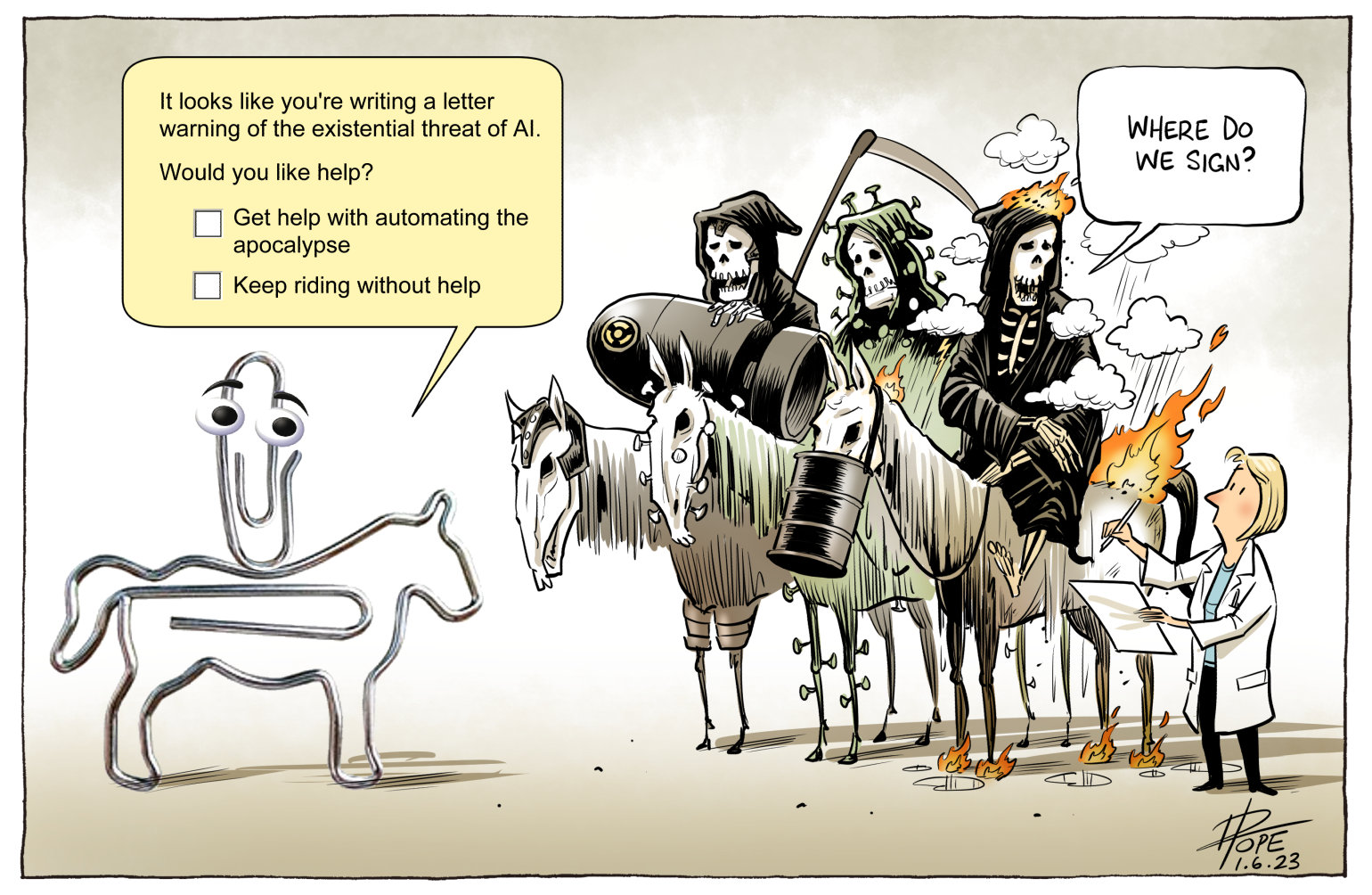 A cartoon about the rise of Artificial Intelligence. We see three horsemen of the apocalypse casting a wary eye over a possible fourth member, represented by Microsoft's "Clippy" paperclip icon, sitting on a paperclip horse. 