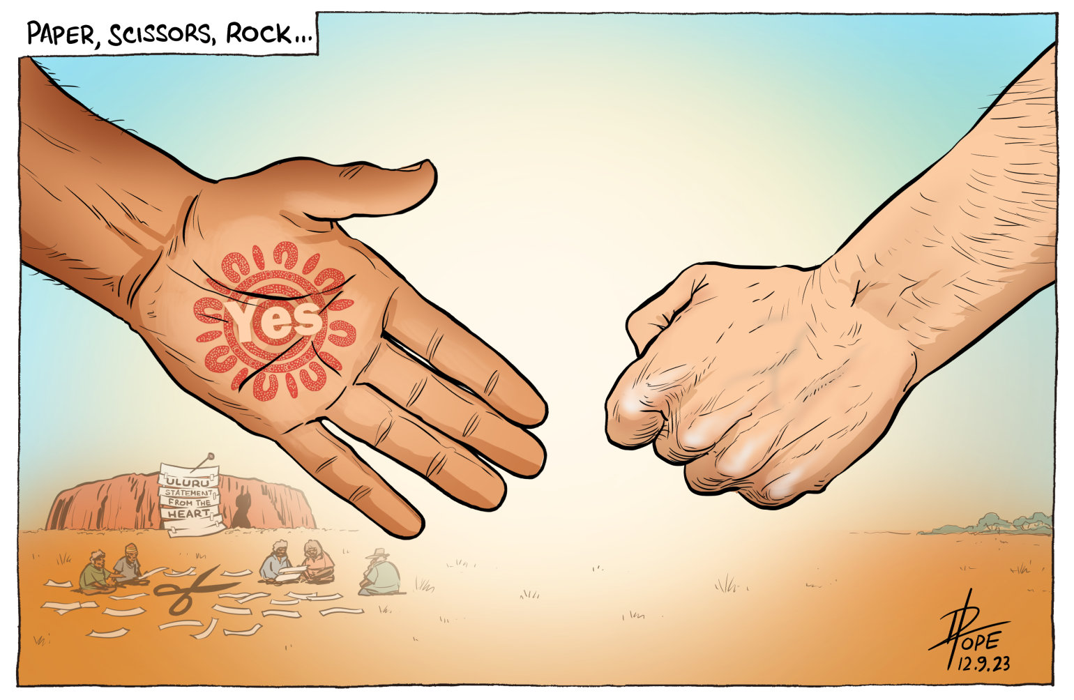 A cartoon about the Voice referendum, the outstretched hand of Yes being met by the closed fist of No.