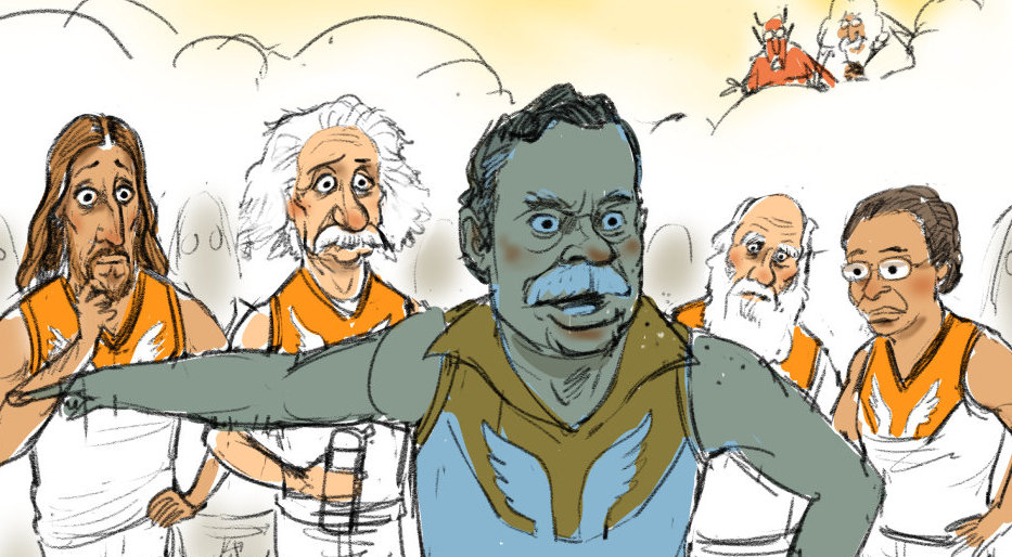 Sketch of Australian Rules footballer Ron Barassi, as playing coach for Humanity FC, giving the team a half-time spray.