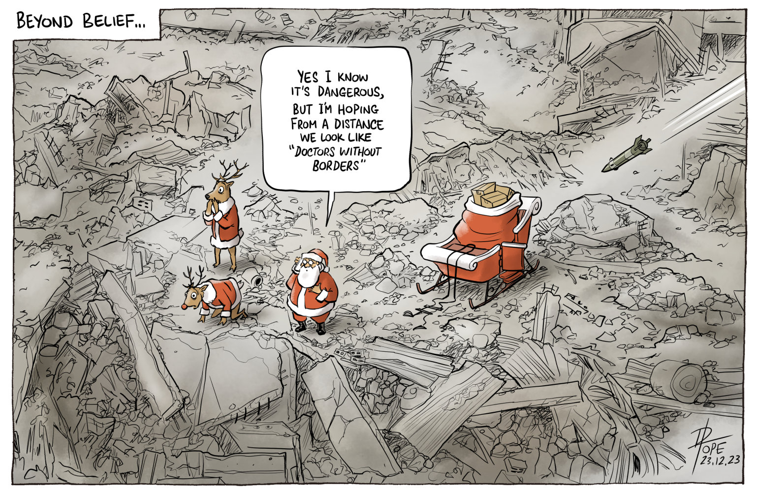 A cartoon with Father Christmas trying to take in the enormity of the destruction of Gaza.
